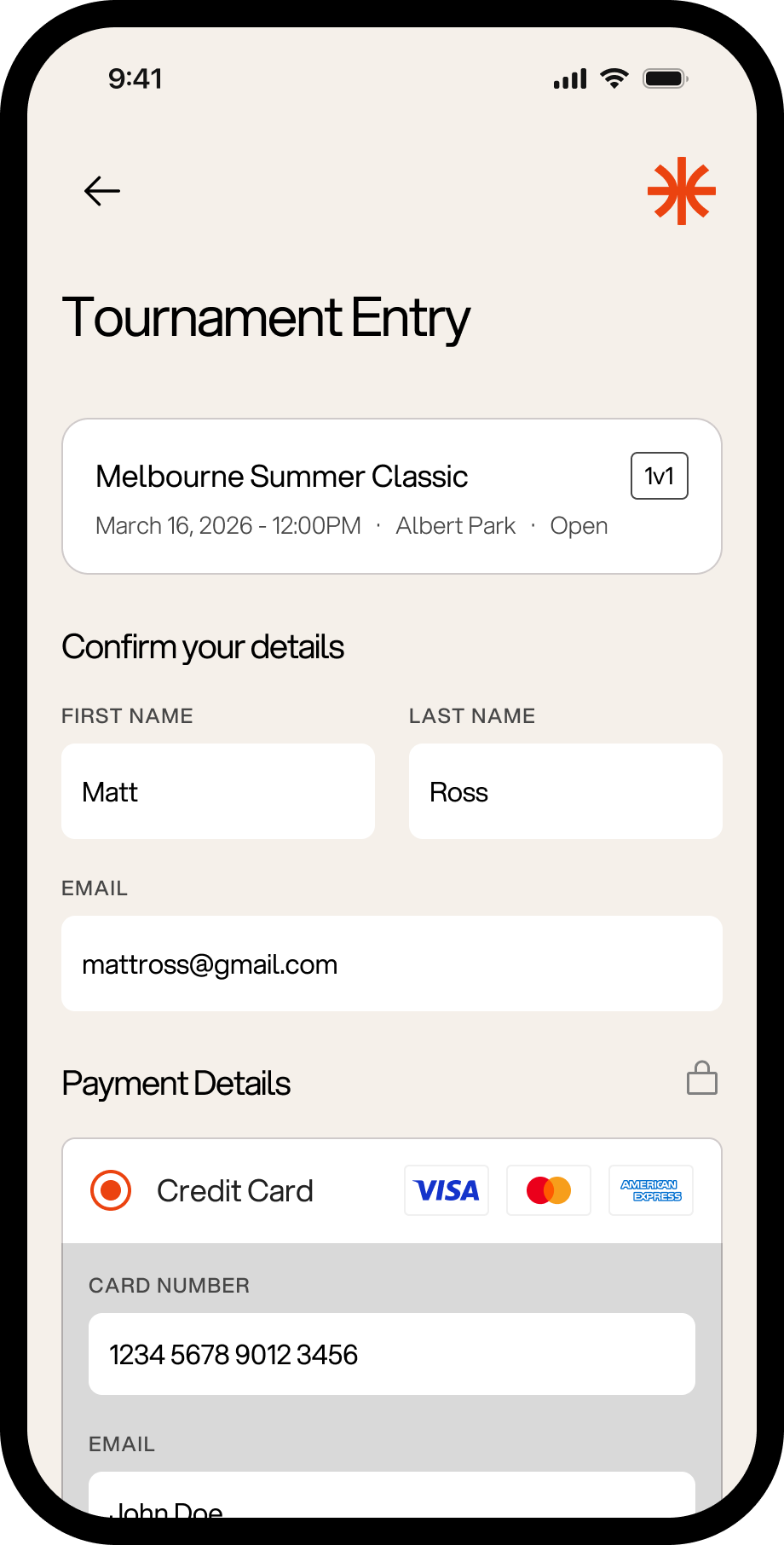 Halfcourt tournament registration screen showing entry details and sign-up