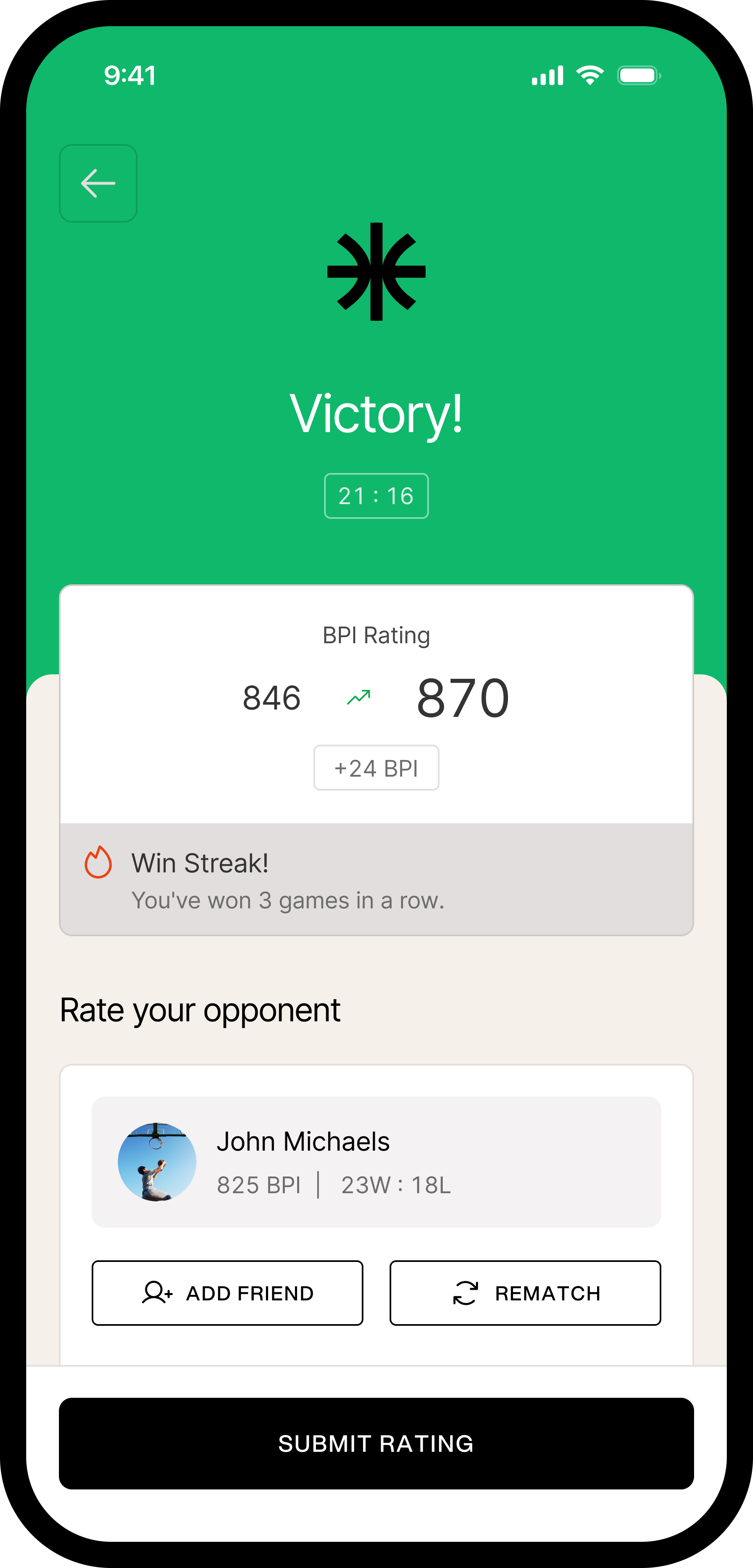 Halfcourt victory screen — your BPI climb after the win
