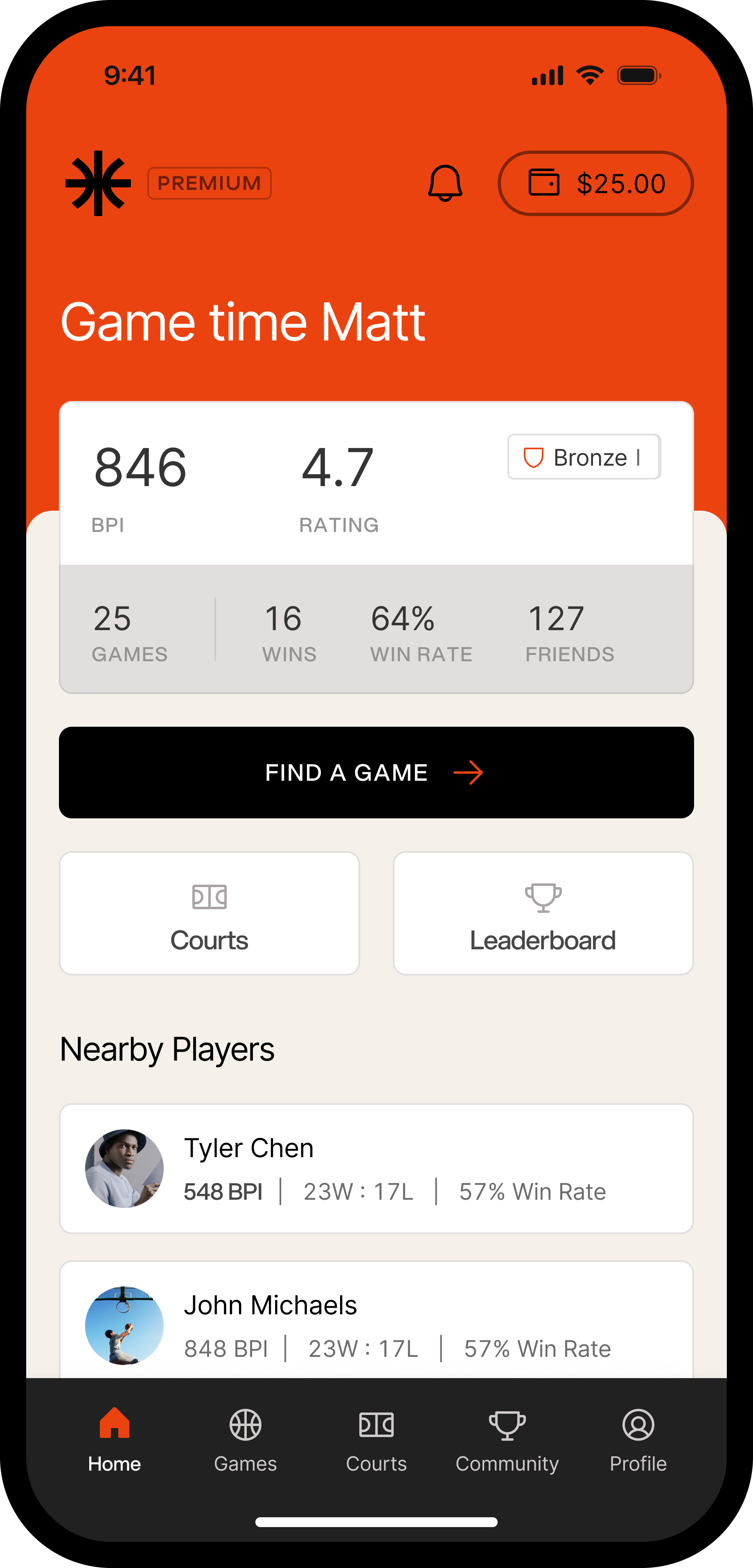 Halfcourt home screen — your BPI, rank, and Find a Game