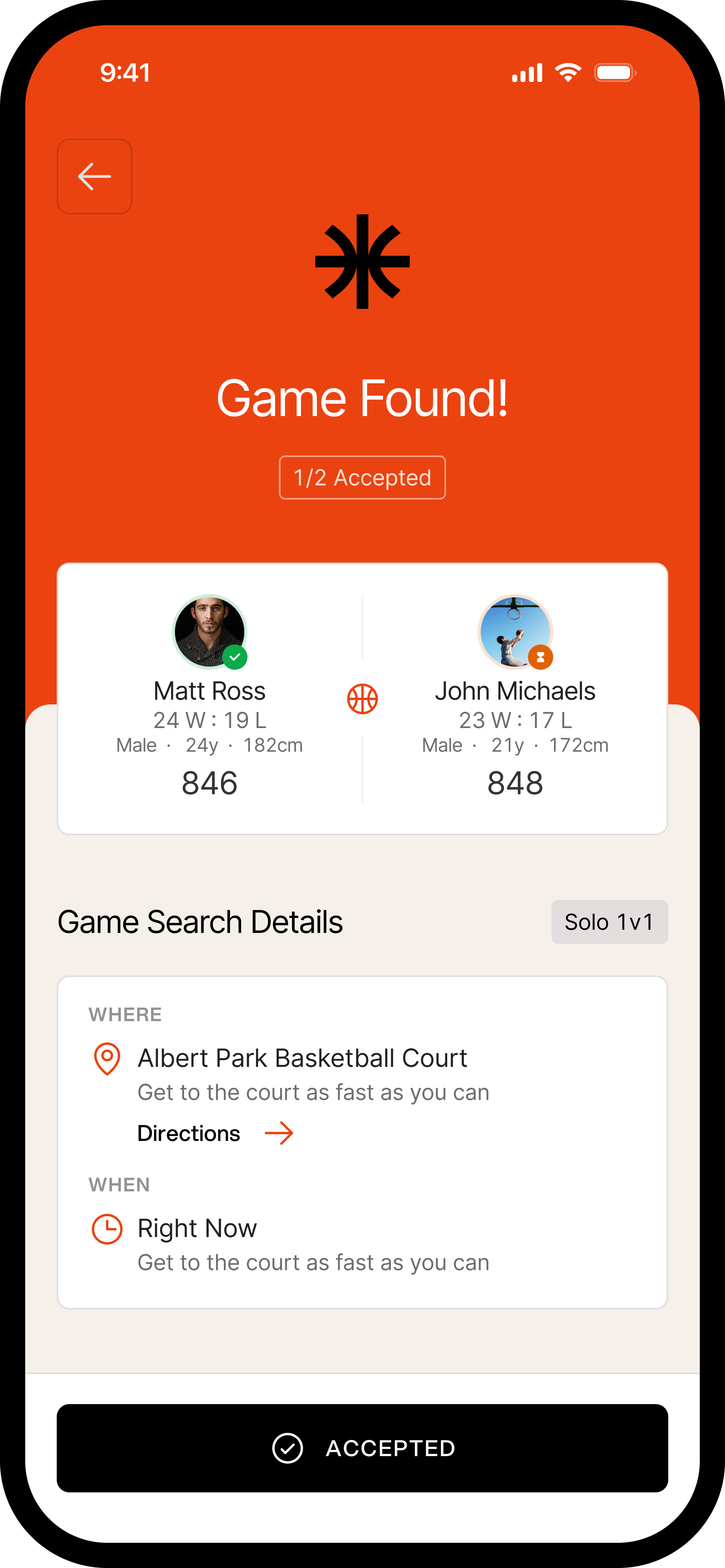 Halfcourt game found — your matched opponent and court